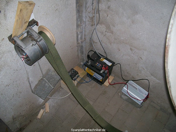 Stromgenerator mit Laderegler, Akkumulator (Batterie) und 230-V-Wechselspannungsumrichter für das Wasserrad.